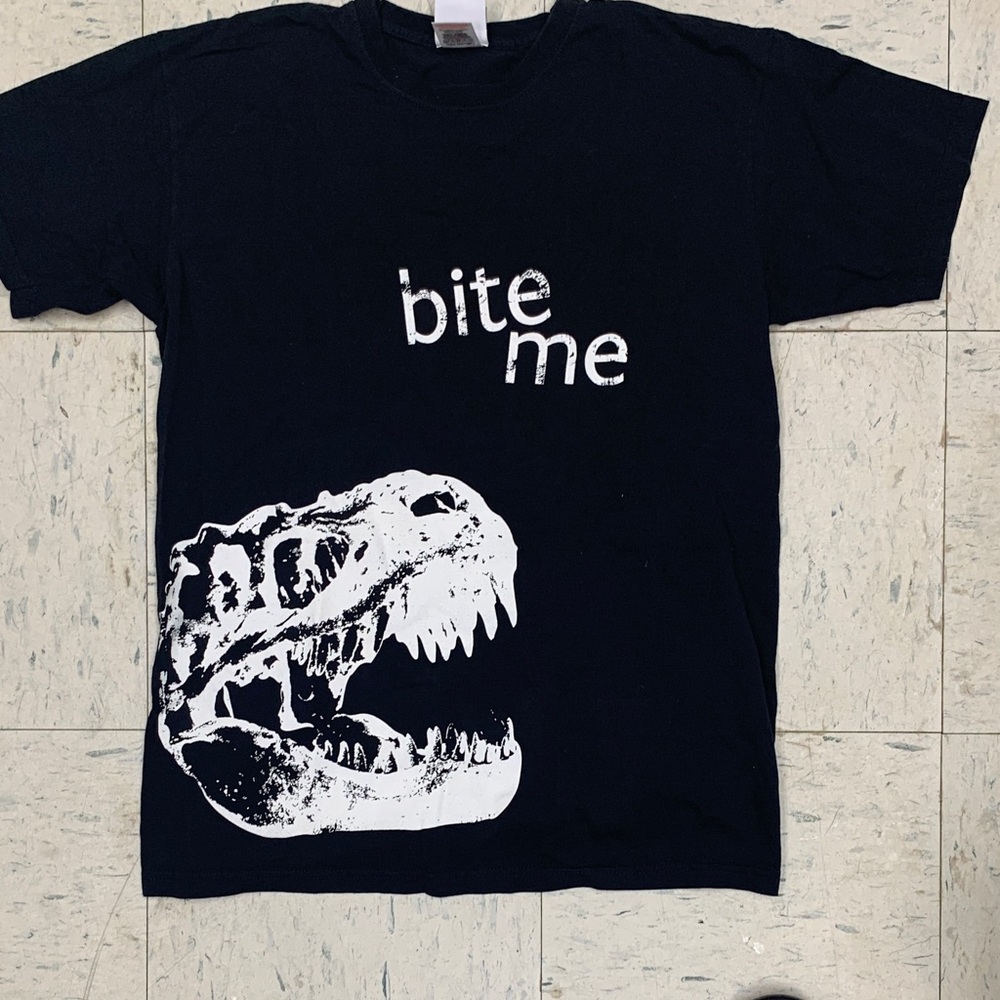 Bite Me Graphic Tee - Black and White Dinosaur Design